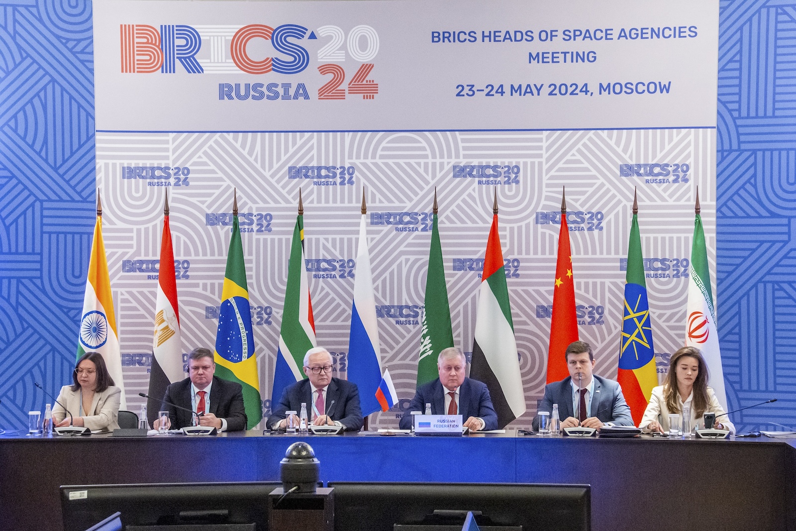epa11363464 A handout photo made available by Roscosmos press service shows participants attending a meeting of heads of space agencies of BRICS member countries in Moscow, Russia, 23 May 2024. The desire of a number of Western countries to turn space into an arena for possible military operations is particularly alarming, said Roscosmos General Director Yuri Borisov. Deputy Foreign Minister of the Russian Federation Sergei Ryabkov said that Moscow is counting on the support of the BRICS countries for Russian initiatives on the use of space for peaceful purposes.  EPA/ROSCOSMOS PRESS SERVICE HANDOUT   HANDOUT EDITORIAL USE ONLY/NO SALES HANDOUT EDITORIAL USE ONLY/NO SALES