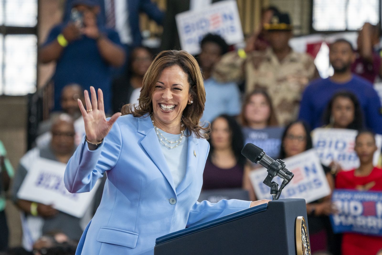 epa11378298 US Vice President Kamala Harris delivers remarks during a campaign rally at Girard College in Philadelphia, Pennsylvania, USA, 29 May 2024. President Biden and Vice President Harris officially launch their Black Voters for Biden-Harris campaign during the rally at Girard College, a majority Black school in Philadelphia.  EPA/SHAWN THEW