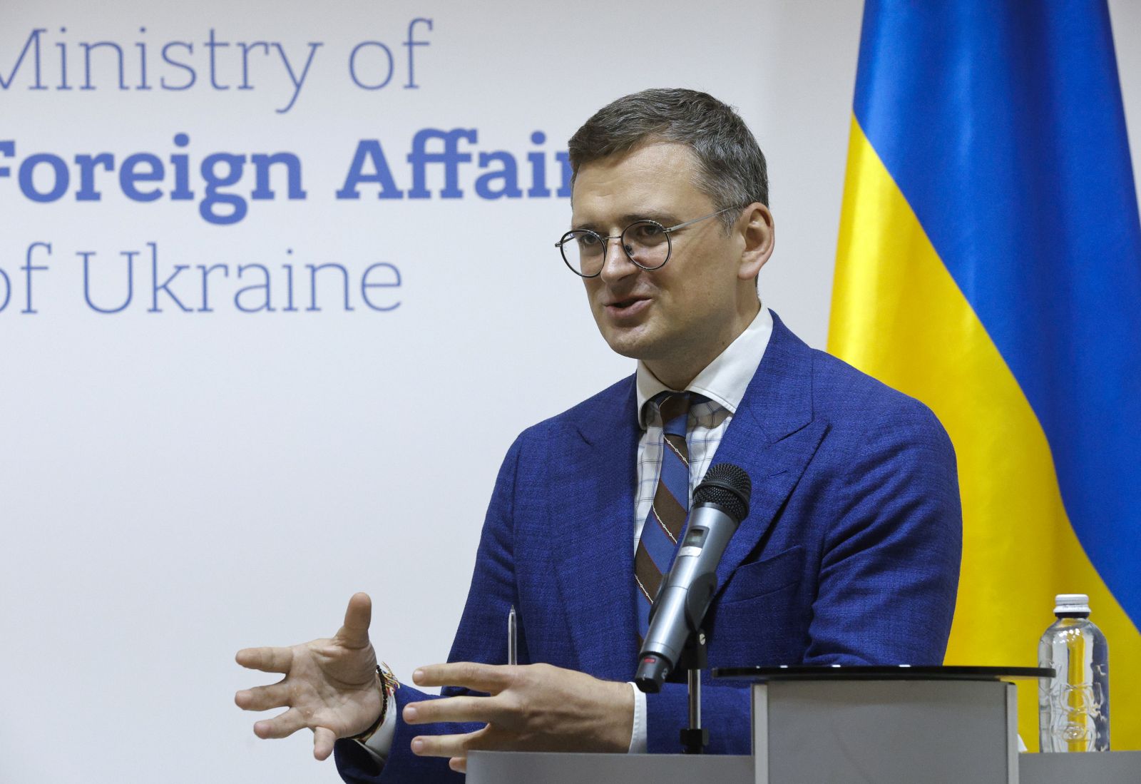 epa11387324 Ukrainian Foreign Minister Dmytro Kuleba addresses a joint press conference with the Estonian foreign minister after their meeting in Kyiv (Kiev), Ukraine, 03 June 2024. The Estonian foreign minister arrived in Kyiv to meet with top Ukrainian officials amid the ongoing Russian invasion.  EPA/SERGEY DOLZHENKO