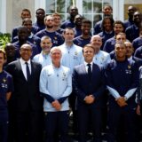 epa11387248 French President Emmanuel Macron (C) poses with French national football team head coach Didier Deschamps, French players Kylian Mbappe and Antoine Griezmann, French Football Federation President Philippe Diallo and French Minister for Sports and Olympics Amelie Oudea-Castera pose for a group photo with French national soccer team ahead of the UEFA Euro 2024 at their training camp in Clairefontaine-en-Yvelines, France, 03 June 2024.  EPA/SARAH MEYSSONNIER / POOL  MAXPPP OUT