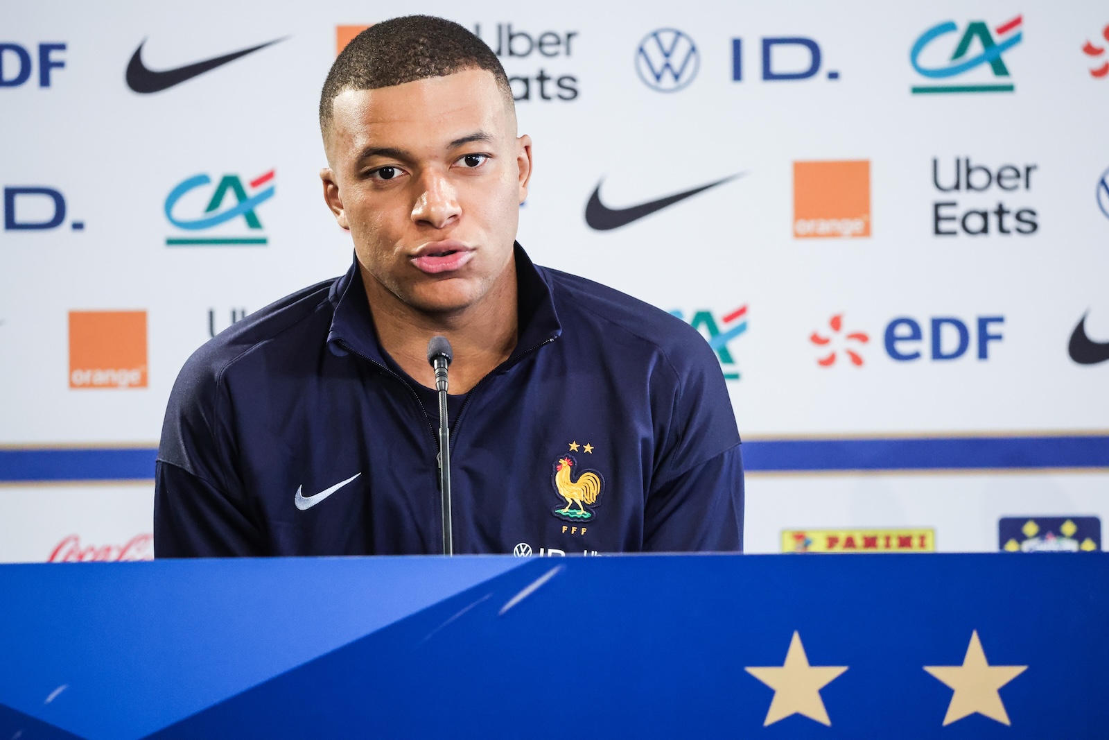 epa11389326 Kylian Mbappe of France attends a press conference in Metz, France, 04 June 2024. France will play against Luxembourg as they prepare for the UEFA EURO 2024 that will start on 14 June in Germany.  EPA/Teresa Suarez