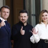 epa11395946 French President Emmanuel Macron (L) and his wife Brigittte Macron (R) greet Ukrainian President Volodymyr Zelensky (2-L) and his wife Olena Zelenska (2-R), upon their arrival at the Elysee Palace in Paris, France, 07 June 2024. Zelensky arrived in France on 06 June to attend the commemorations of the 80th anniversary of D-Day in Normandy.  EPA/YOAN VALAT