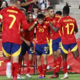 epa11398530 Spain's Pedri (C) celebrates with his teammates after scoring the 1-1 tier during the friendly international soccer match between Spain and Northern Ireland, in Palma de Mallorca, Balearic Islands, Spain, 08 June 2024.  EPA/Cati Cladera