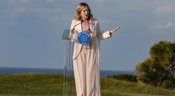 epa11408524 Italian Prime Minister Giorgia Meloni speaks at a press conference at the end of the Flag ceremony, during of the G7 summit in Borgo Egnazia, Brindisi, Italy, 13 June 2024. The 50th G7 summit will bring together the Group of Seven member states leaders in Borgo Egnazia resort in southern Italy from 13 to 15 June 2024.  EPA/GIUSEPPE LAMI