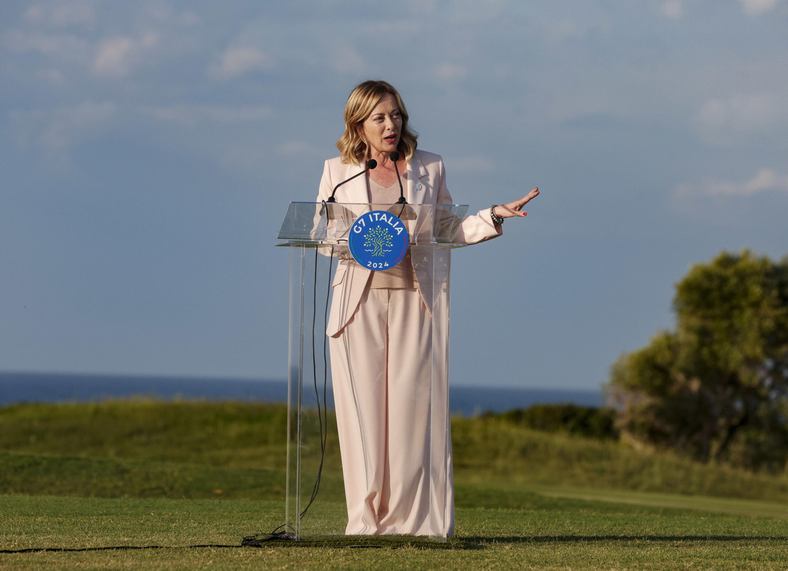 epa11408524 Italian Prime Minister Giorgia Meloni speaks at a press conference at the end of the Flag ceremony, during of the G7 summit in Borgo Egnazia, Brindisi, Italy, 13 June 2024. The 50th G7 summit will bring together the Group of Seven member states leaders in Borgo Egnazia resort in southern Italy from 13 to 15 June 2024.  EPA/GIUSEPPE LAMI