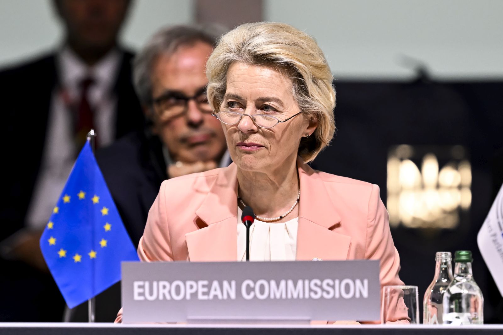 epa11413229 European Commission President Ursula von der Leyen listens to a speech during the opening plenary session of the Summit on Peace in Ukraine, in Stansstad near Lucerne, Switzerland, 15 June 2024. International heads of state gather on 15 and 16 June at the Buergenstock Resort in central Switzerland for the two-day Summit on Peace in Ukraine.  EPA/URS FLUEELER / POOL                       EDITORIAL USE ONLY  EDITORIAL USE ONLY