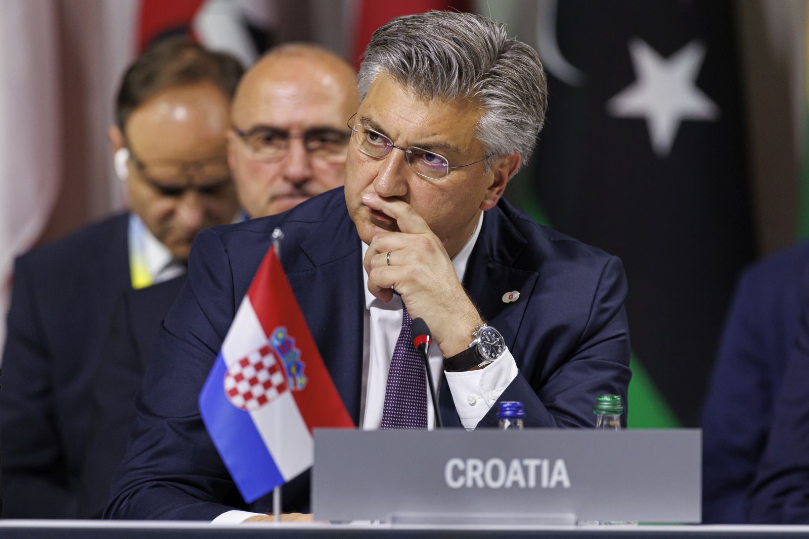 epa11413396 Prime minister Andrej Plenkovic of Croatia attends the opening plenary session of the Summit on Peace in Ukraine, in Stansstad near Lucerne, Switzerland, 15 June 2024. International heads of state gather on 15 and 16 June at the Buergenstock Resort in central Switzerland for the two-day Summit on Peace in Ukraine.  EPA/MICHAEL BUHOLZER / POOL            EDITORIAL USE ONLY  EDITORIAL USE ONLY