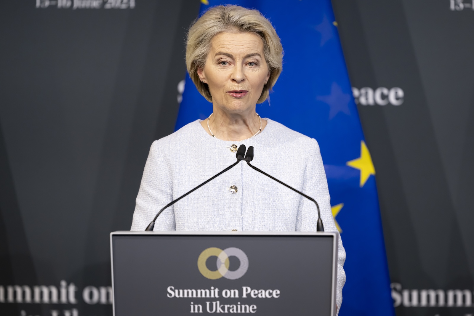 epa11415498 Ursula von der Leyen, President of the European Commission speaks during the closing press conference of the Summit on Peace in Ukraine in Stansstad near Lucerne, Switzerland, 16 June 2024. International heads of state gathered on 15 and 16 June at the Buergenstock Resort in central Switzerland for the two-day Summit on Peace in Ukraine.  EPA/ALESSANDRO DELLA VALLE / POOL    EDITORIAL USE ONLY  EDITORIAL USE ONLY