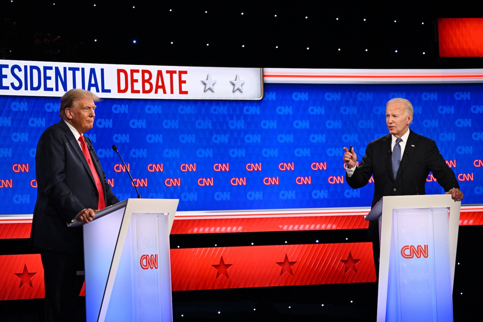 epa11442527 US President Joe Biden (R) and former US President Donald J. Trump (L) participate in the first 2024 presidential election debate, at Georgia Institute of Technologyâ€™s McCamish Pavilion in Atlanta, Georgia, USA, 27 June 2024. The first 2024 presidential election debate is hosted by CNN.  EPA/WILL LANZONI / CNN PHOTOS MANDATORY CREDIT: CNN PHOTOS / CREDIT CNN - WILL LANZONI   EDITORIAL USE ONLY  EDITORIAL USE ONLY