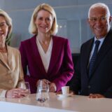 epa11443266 (L-R) European Commission President Ursula Von der Leyen, Estonian Prime Minister Kaja Kallas, and former Portuguese Prime Minister Antonio Costa, during a meeting  at Brussels Airport, a day after the EU summit in Brussels, Belgium, 28 June 2024. EU leaders agreed on proposing Ursula Von der Leyen as candidate for President of the European Commission and Kaja Kallas as High Representative of the Union for Foreign Affairs and Security Policy, while Antonio Costa was elected as European Council President during a summit to discuss the Strategic Agenda 2024-2029, the next institutional cycle, Ukraine, the Middle East, competitiveness, security and defense, among other topics.  EPA/OLIVIER HOSLET / POOL