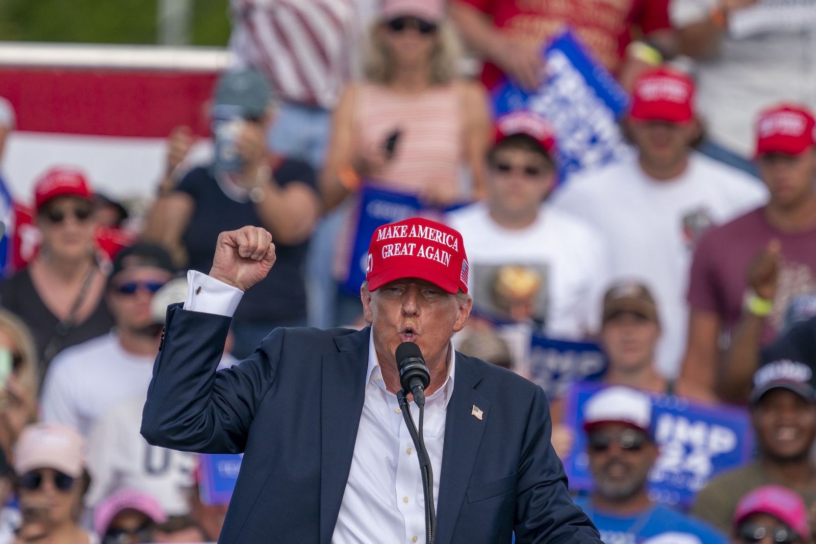 epa11443905 Former US President Donald J. Trump delivers remarks during a campaign rally at the Greenbriar Farms in Chesapeake, Virginia, USA, 28 June 2024. This is former President Trump's first rally following last night's Presidential debate in Atlanta.  EPA/SHAWN THEW