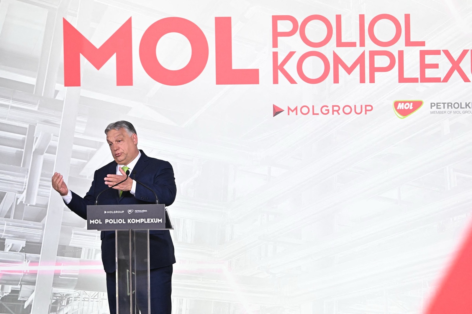 Hungarian Prime Minister Viktor Orban gives a speech to inaugurate Hungarian oil company Mol Group's new polyol complex near Tiszaujvaros, a town about 160 km from the Hungarian capital Budapest, on May 14, 2024. The petrochemical plant is set to produce around 200,000 tons of polyols per year. The Hungarian government subsidised the 1.3 billion development through tax allowance and investment grants.,Image: 872826383, License: Rights-managed, Restrictions: , Model Release: no, Credit line: Attila KISBENEDEK / AFP / Profimedia