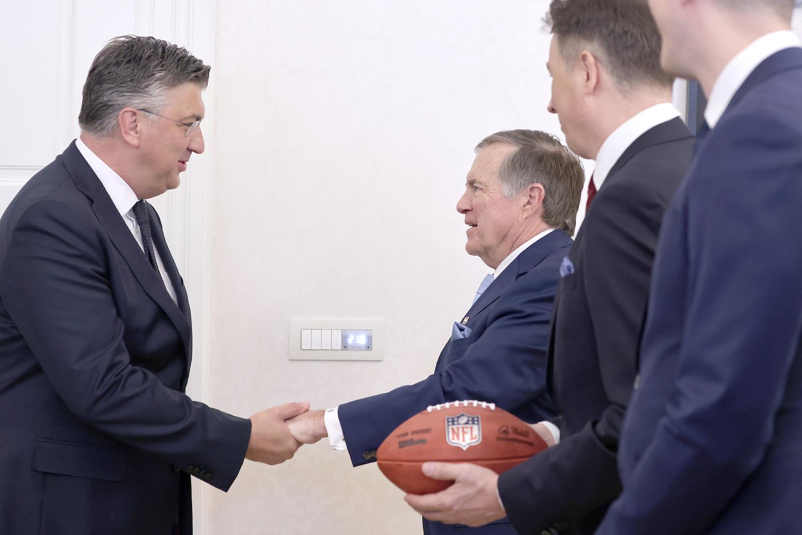 03.06.2024., Zagreb - Predsjednik Vlade Andrej Plenkovic primio je u Banskim dvorima hrvatsko-americkog NFL trenera Billa Belichicka. Photo: Patrik Macek/PIXSELL