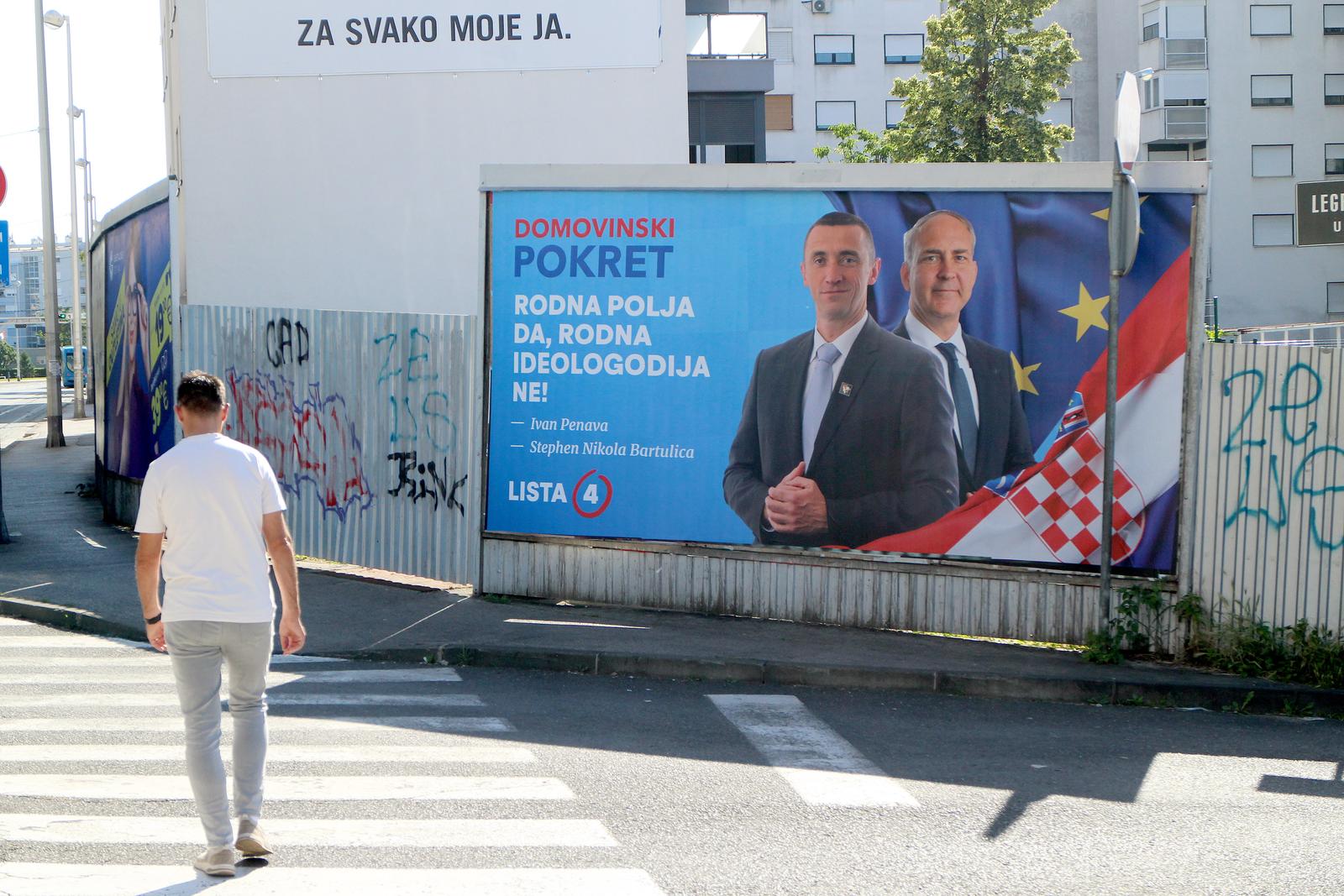 04.06.2024., Zagreb - Plakati za predizbornu kampanju za europske izbore nisu donijeli poseban odmak od prethodne kampanje. HDZ ide sa "obiteljskom" fotografijom kandidata, SDP je jos uvijek na tragu Rijeka pravde, Domovinski pokret jasno naglasava vrijednosne stavove, Rajko Ostojic kao da je s dizajom zaglavio u 20. stoljecu, a jedino je Milorad Pupovac unio neku promjenu "obecavajuci" glasacima odlazak u Bruxelles na stranom jeziku. Photo: Patrik Macek/PIXSELL