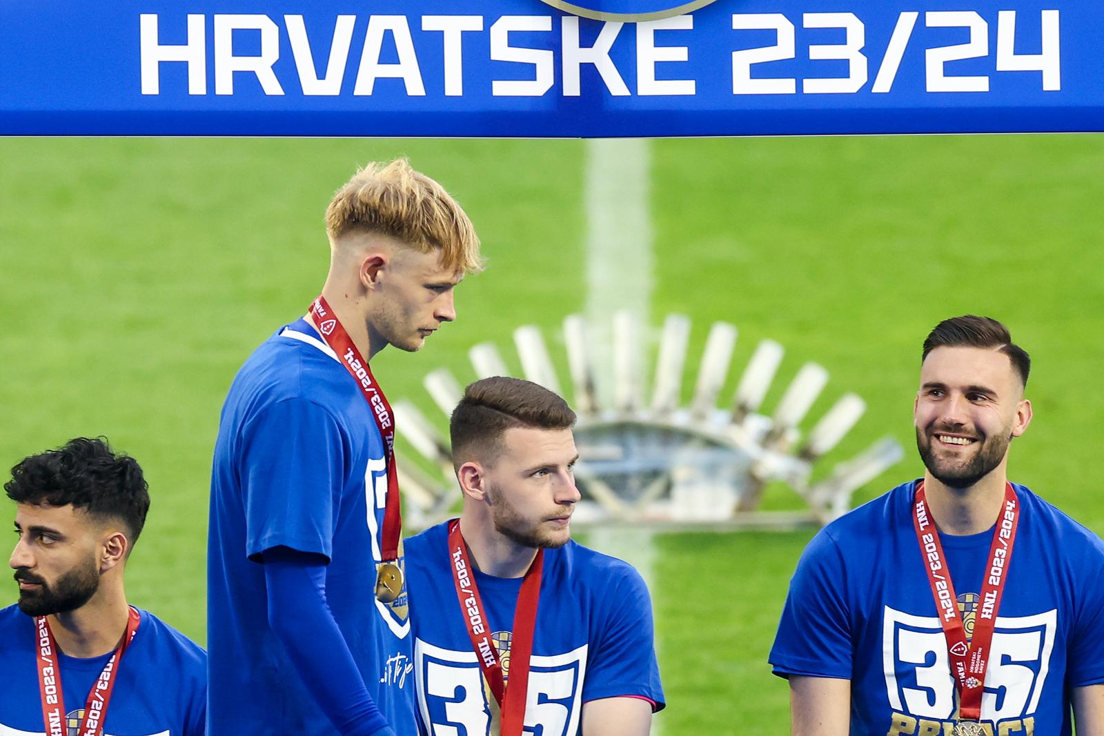 26.05.2024., stadion Maksimir, Zagreb - SuperSport HNL, 36. kolo, GNK Dinamo - NK Rudes. Ceremonija dodjele pehara Dinamu, osvajacu SuperSport Hrvatske nogometne lige. Maxime Bernauer, Faris Krkalic, Ivan Nevistic Photo: Igor Kralj/PIXSELL