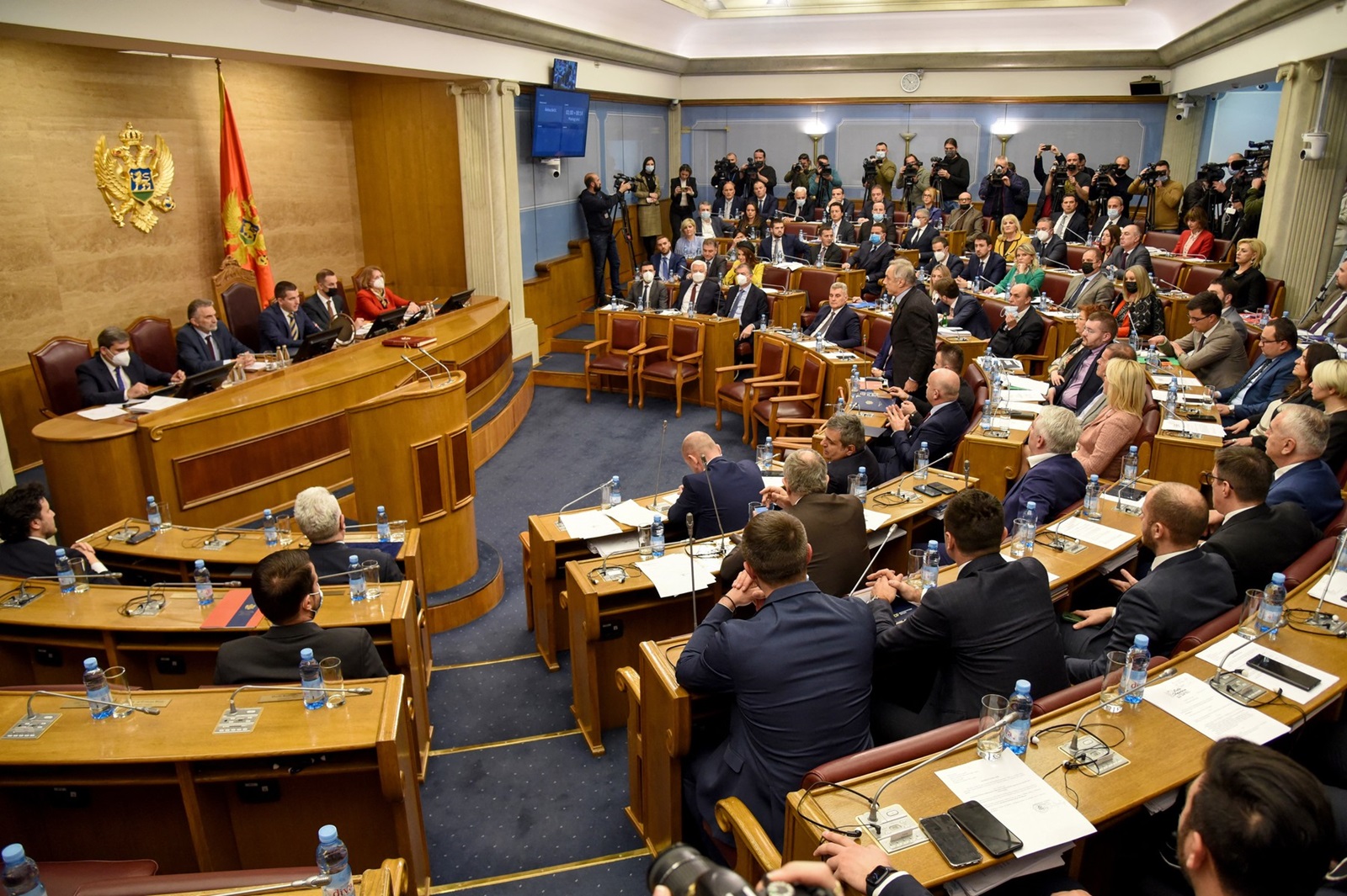 Montenegro MPs attend a parliament session in Podgorica on February 4, 2022, as the government faces no-confidence vote as ruling coalition splits. Montenegro's government was set to be dissolved following a no-confidence vote late February 4, 2022 that sent the country's prime minister packing. The vote follows months of building tensions in the Balkan nation where a dysfunctional coalition government elected in 2020 has failed to make any tangible progress in passing reforms since taking power.,Image: 659306820, License: Rights-managed, Restrictions: , Model Release: no, Credit line: SAVO PRELEVIC / AFP / Profimedia