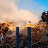 This handout photograph taken and released by Ukrainian Emergency Service on May 8, 2024, shows rescuers extinguishing a fire on a destroyed house following a missile attack in Kyiv region, amid the Russian invasion of Ukraine. Ukraine's air force on May 8, 2024 said it had downed dozens of Russian missiles and drones fired in an overnight barrage that targeted Ukrainian energy facilities.,Image: 871101295, License: Rights-managed, Restrictions: RESTRICTED TO EDITORIAL USE - MANDATORY CREDIT 