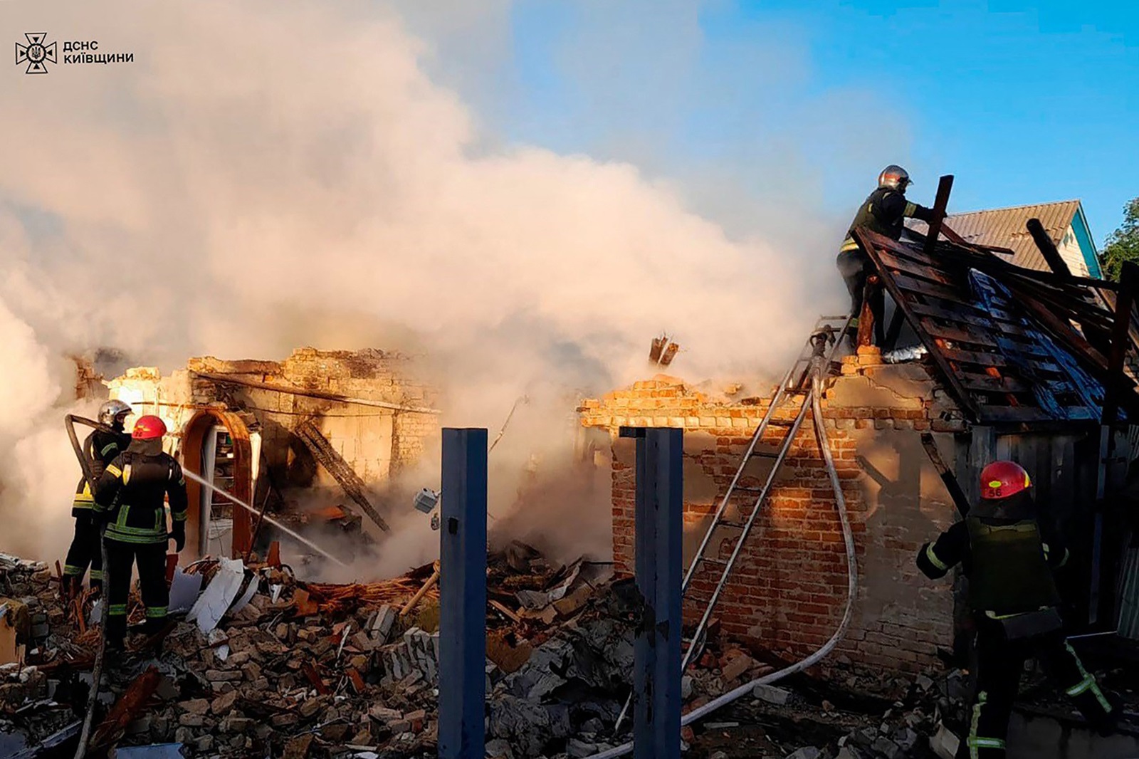 This handout photograph taken and released by Ukrainian Emergency Service on May 8, 2024, shows rescuers extinguishing a fire on a destroyed house following a missile attack in Kyiv region, amid the Russian invasion of Ukraine. Ukraine's air force on May 8, 2024 said it had downed dozens of Russian missiles and drones fired in an overnight barrage that targeted Ukrainian energy facilities.,Image: 871101295, License: Rights-managed, Restrictions: RESTRICTED TO EDITORIAL USE - MANDATORY CREDIT "AFP PHOTO / UKRAINIAN EMERGENCY SERVICE" - NO MARKETING NO ADVERTISING CAMPAIGNS - DISTRIBUTED AS A SERVICE TO CLIENTS, ***
HANDOUT image or SOCIAL MEDIA IMAGE or FILMSTILL for EDITORIAL USE ONLY! * Please note: Fees charged by Profimedia are for the Profimedia's services only, and do not, nor are they intended to, convey to the user any ownership of Copyright or License in the material. Profimedia does not claim any ownership including but not limited to Copyright or License in the attached material. By publishing this material you (the user) expressly agree to indemnify and to hold Profimedia and its directors, shareholders and employees harmless from any loss, claims, damages, demands, expenses (including legal fees), or any causes of action or allegation against Profimedia arising out of or connected in any way with publication of the material. Profimedia does not claim any copyright or license in the attached materials. Any downloading fees charged by Profimedia are for Profimedia's services only. * Handling Fee Only 
***, Model Release: no, Credit line: Handout / AFP / Profimedia