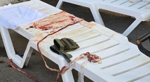 8714972 23.06.2024 A view shows bloodied sun loungers following a Ukrainian missile attack amid Russia's military operation in Ukraine, in Sevastopol, Republic of Crimea, Russia. Ukrainian forces reportedly fired five US-made MGM-140 ATACMS missiles with cluster warheads, four of which were shot down and one deflected and exploded over the city, injuring at least 124 people, including 27 children. The death toll from the Ukrainian missile attack on the city has risen to 5 people, including 3 children, Sevastopol Governor Mikhail Razvozhayev said.,Image: 884079870, License: Rights-managed, Restrictions: Editors' note: THIS IMAGE IS PROVIDED BY RUSSIAN STATE-OWNED AGENCY SPUTNIK., Model Release: no, Credit line: Konstantin Mihalchevskiy / Sputnik / Profimedia