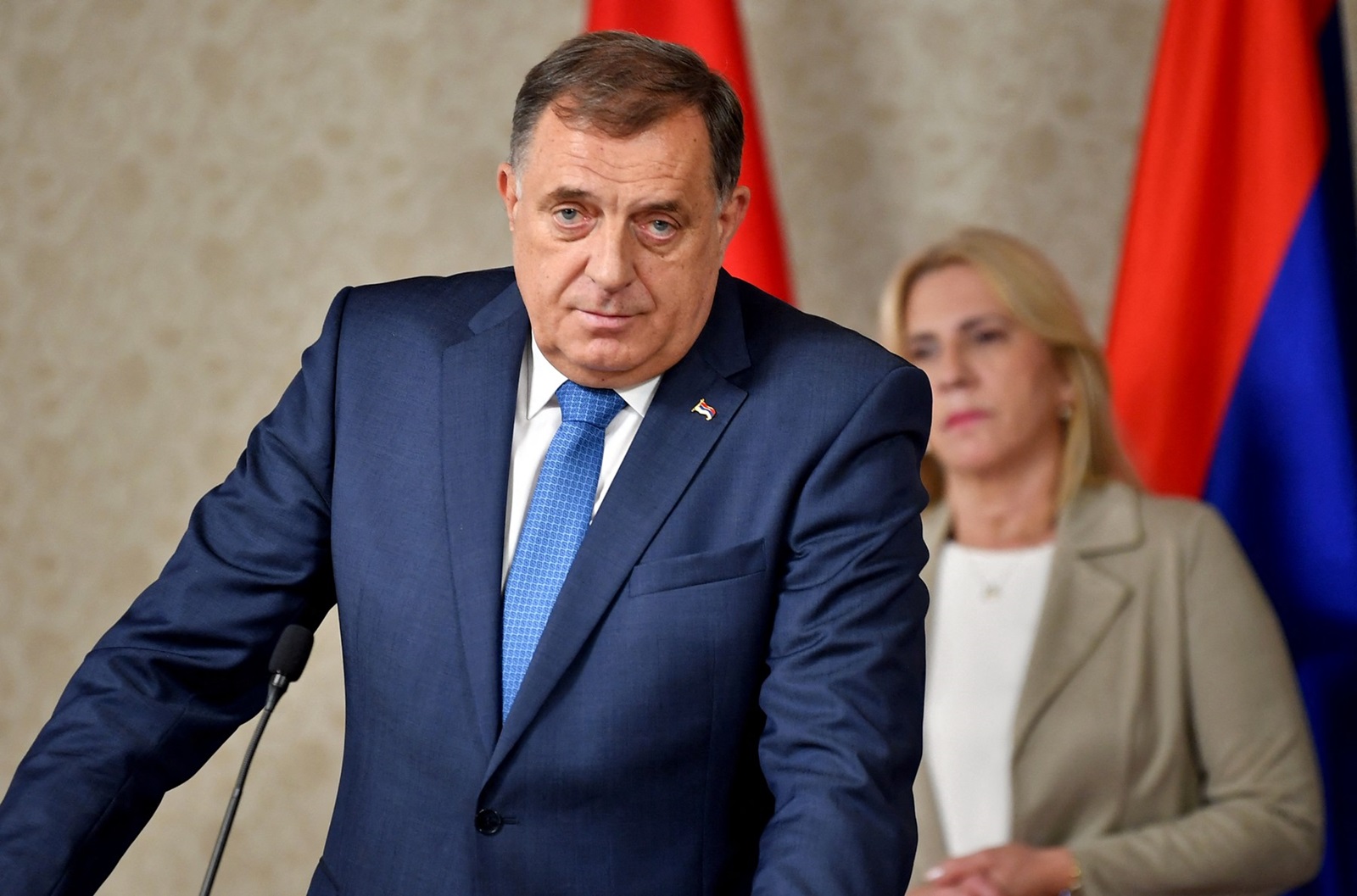 President of Republika Srpska, Bosnian Serb entity in Bosnia and Herzegovina, Milorad Dodik, often identified as political leader of Bosnian Serbs, addresses media after an appearance in court, on May 22, 2024, on the eve of  a potential UN resolution declaring July 11 an international day to remember the Srebrenica genocide.,Image: 875490159, License: Rights-managed, Restrictions: , Model Release: no, Credit line: ELVIS BARUKCIC / AFP / Profimedia