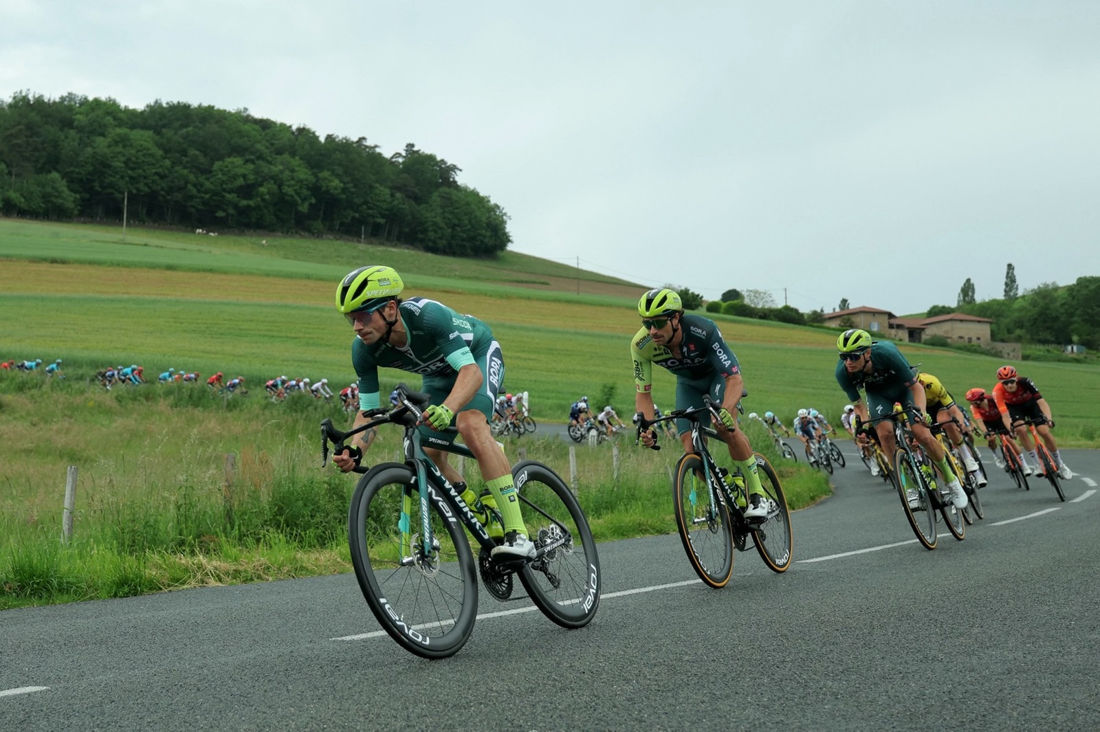 Team Bora's Slovenian rider Primoz Roglic (L) competes in the fifth stage of the 76th edition of the Criterium du Dauphine cycling race, 167km between Amplepuis and Saint-Priest, central France, on June 6, 2024.,Image: 879345817, License: Rights-managed, Restrictions: , Model Release: no, Credit line: Thomas SAMSON / AFP / Profimedia