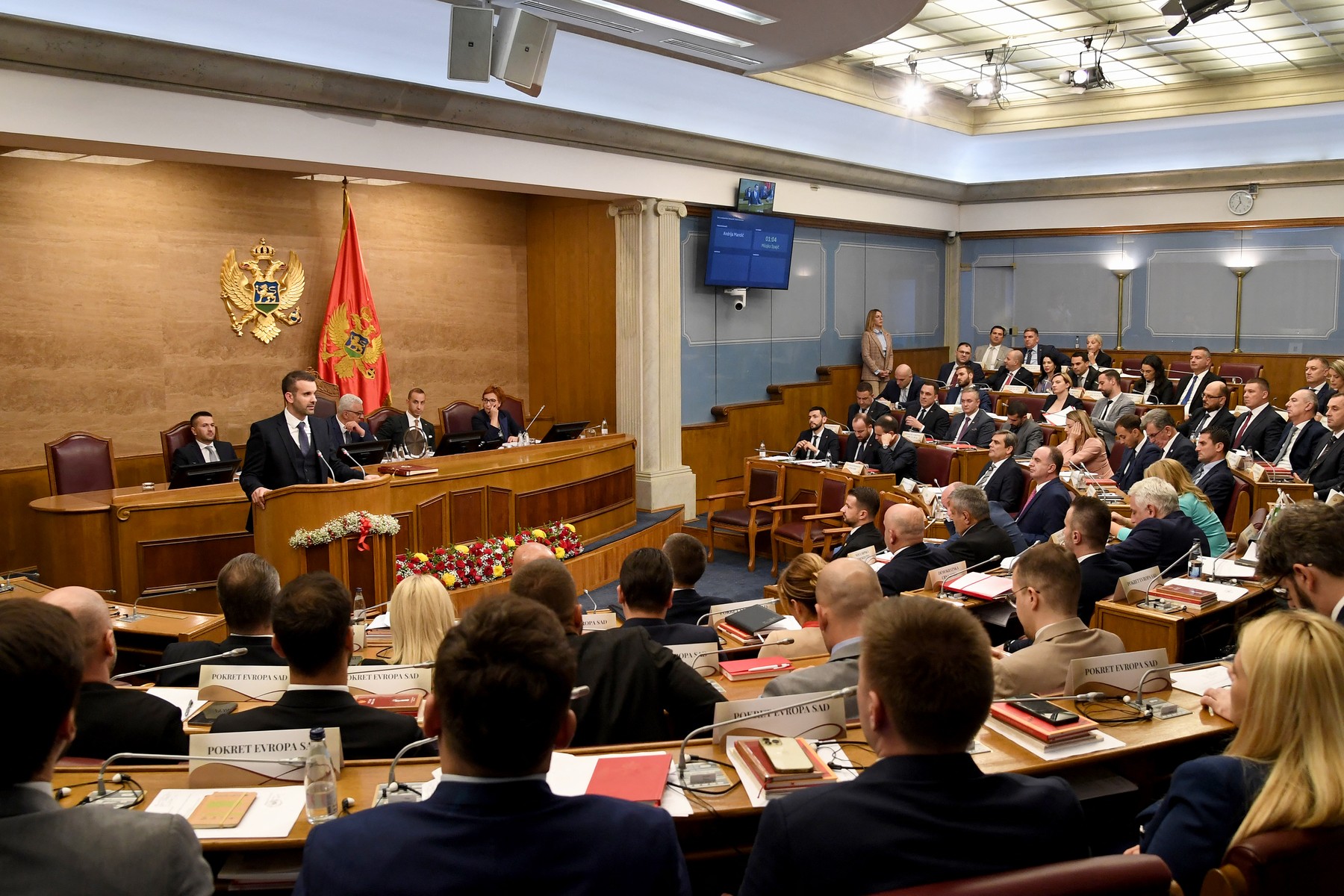 Montenegro's newly elected Prime Minister Milojko Spajic addresses the parliament in Podgorica early hours on October 31, 2023.  Montenegrin lawmakers on Tuesday voted in a new government, backed by a pro-Russian alliance, nearly five months after general elections. Prime Minister Milojko Spajic's government was voted in after a marathon overnight debate, supported by 46 of 66 the MPs present in the 81-member parliament.,Image: 818311813, License: Rights-managed, Restrictions: , Model Release: no, Credit line: SAVO PRELEVIC / AFP / Profimedia
