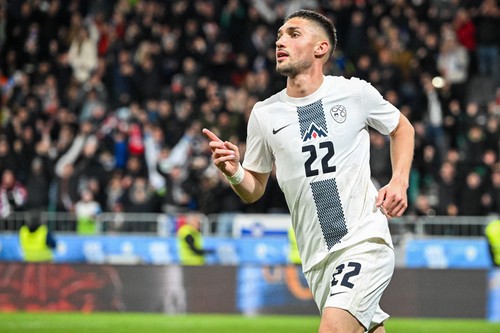 Slovenia's midfielder Adam Gnezda Cerin celebrates after scoring his team's first goal during the friendly football match between Slovenia and Portugal, at the the Stadium Stozice in Ljubljana, on March 26, 2024.,Image: 859860715, License: Rights-managed, Restrictions: , Model Release: no, Credit line: Jure Makovec / AFP / Profimedia