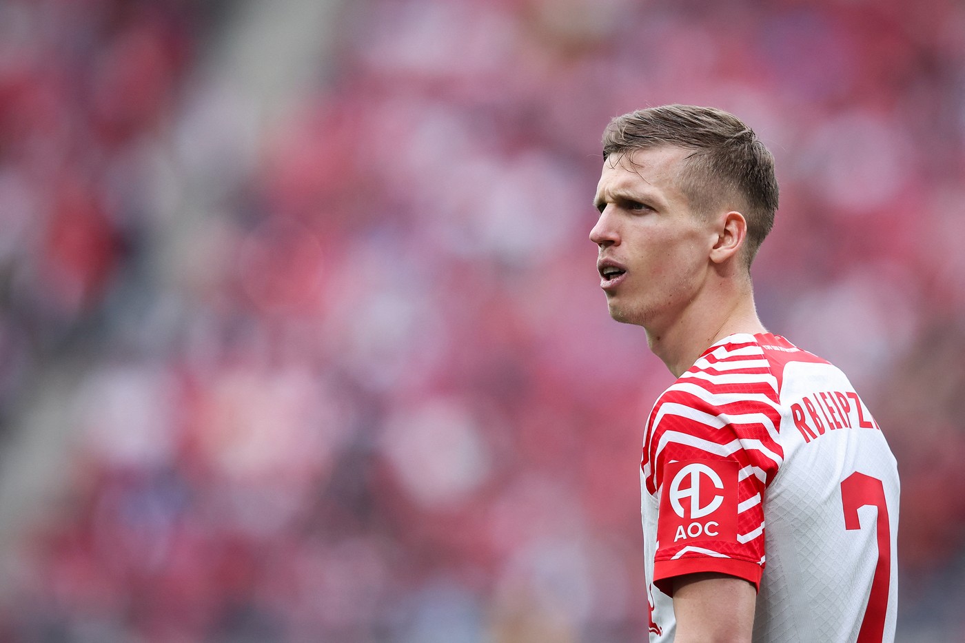 Leipzig's Spanish forward #07 Dani Olmo reacts during the German first division Bundesliga football match RB Leipzig v 1. FSV Mainz 05 in Leipzig, eastern Germany on March 30, 2024.,Image: 861376089, License: Rights-managed, Restrictions: DFL REGULATIONS PROHIBIT ANY USE OF PHOTOGRAPHS AS IMAGE SEQUENCES AND/OR QUASI-VIDEO, Model Release: no, Credit line: Ronny Hartmann / AFP / Profimedia