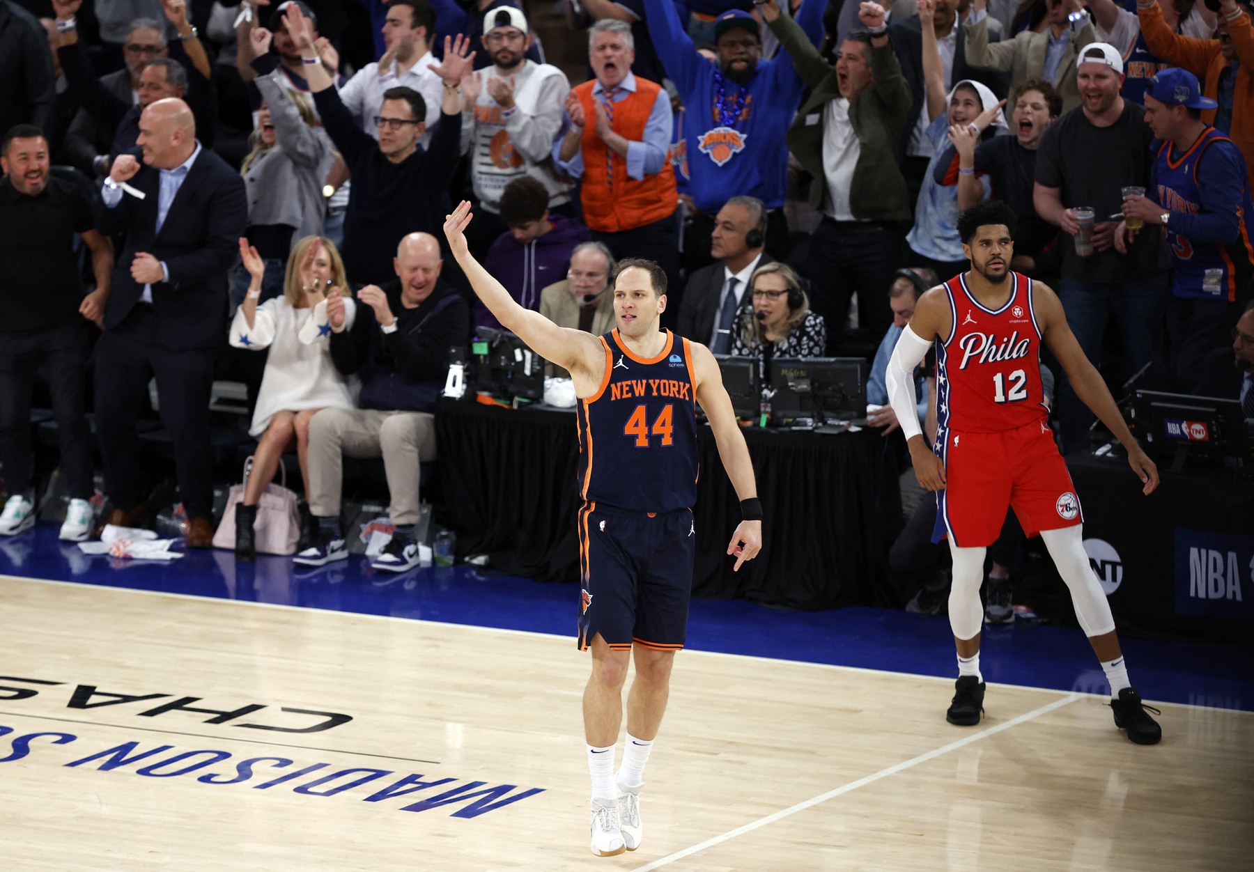 NEW YORK, NEW YORK - APRIL 22: Bojan Bogdanovic #44 of the New York Knicks reacts during the game against the Philadelphia 76ers in Game Two of the Eastern Conference First Round Playoffs at Madison Square Garden on April 22, 2024 in New York City. The Knicks won 104-101.,Image: 867469215, License: Rights-managed, Restrictions: , Model Release: no, Credit line: Sarah Stier / Getty images / Profimedia