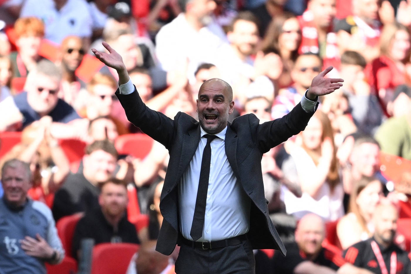 Manchester City's Spanish manager Pep Guardiola reacts during the English FA Cup final football match between Manchester City and Manchester United at Wembley stadium, in London, on May 25, 2024.,Image: 876375250, License: Rights-managed, Restrictions: NOT FOR MARKETING OR ADVERTISING USE / RESTRICTED TO EDITORIAL USE, Model Release: no, Credit line: JUSTIN TALLIS / AFP / Profimedia