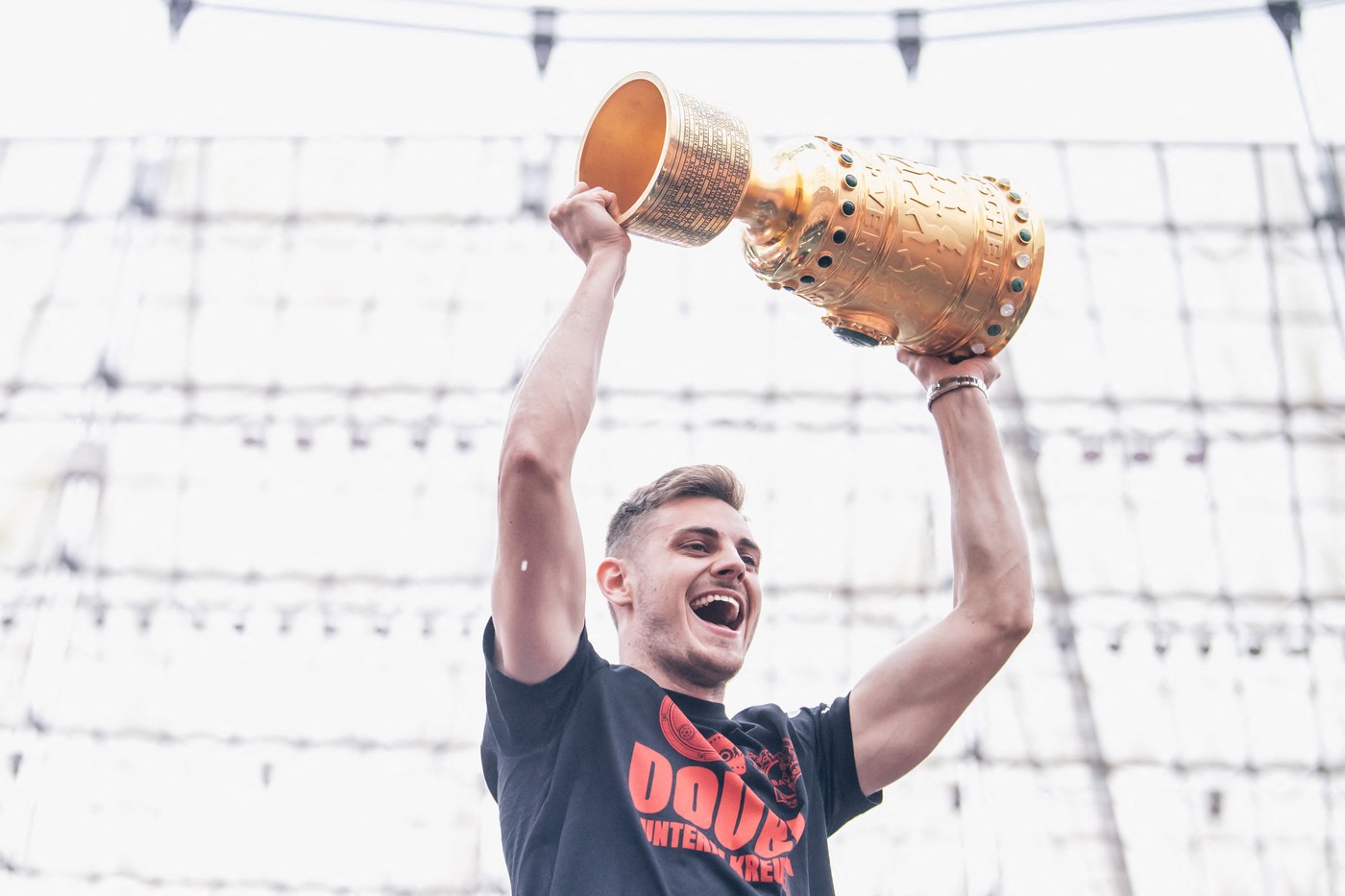 LEVERKUSEN, GERMANY - MAY 26: Josip Stanisic of Bayer 04 Leverkusen celebrates the Bundesliga and the German Cup titles with fans at BayArena on May 26, 2024 in Leverkusen, Germany. Hesham Elsherif / Anadolu/ABACAPRESS.COM,Image: 876660327, License: Rights-managed, Restrictions: , Model Release: no, Credit line: AA/ABACA / Abaca Press / Profimedia