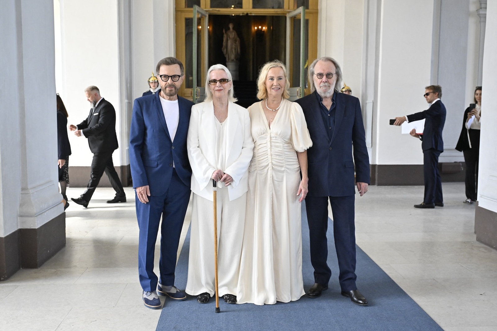 ABBA members Björn Ulvaeus, Anni-Frid Lyngstad Reuss, Agnetha Fältskog, and Benny Andersson pose for a group photo after receiving the Royal Vasa Order for “very outstanding efforts in Swedish and international music life.” at the Royal Palace in Stockholm, Sweden on May 31, 2024.
Photo: Henrik Montgomery / TT / Code 10060,Image: 877874377, License: Rights-managed, Restrictions: , Model Release: no, Credit line: HENRIK MONTGOMERY / AFP / Profimedia