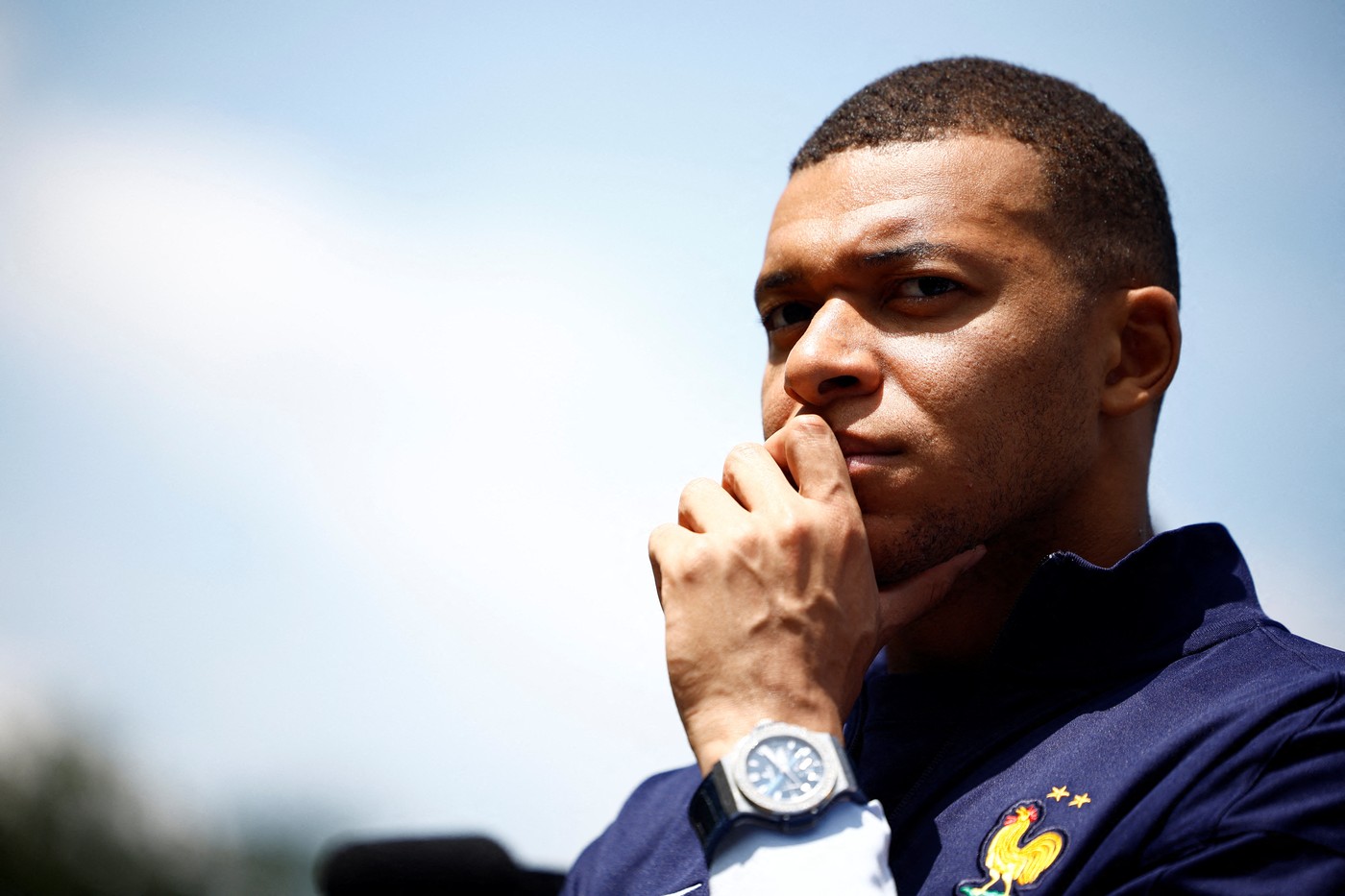 French soccer player Kylian Mbappe listens to French President as he arrives for a lunch at the team's training camp, as part of the team's preparation for the UEFA Euro 2024 European football championships in Clairefontaine-en-Yvelines on June 3, 2024.,Image: 878538666, License: Rights-managed, Restrictions: , Model Release: no, Credit line: Sarah Meyssonnier / AFP / Profimedia