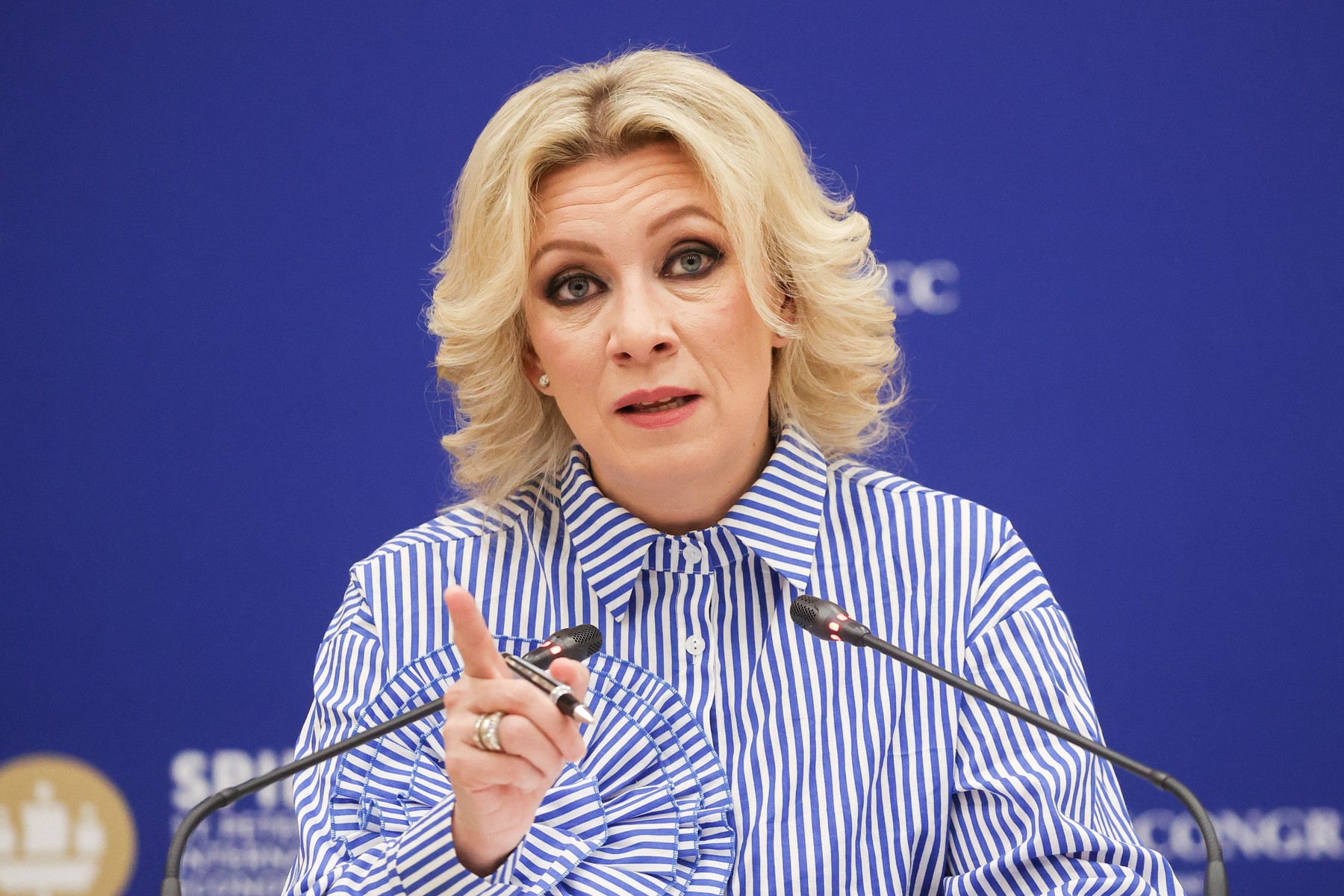 RUSSIA, ST PETERSBURG - JUNE 7, 2024: Russian Foreign Ministry Spokesperson Maria Zakharova gives a press briefing during the 2024 St Petersburg International Economic Forum (SPIEF) at the ExpoForum Convention and Exhibition Centre. Alexander Demianchuk/TASS,Image: 879605676, License: Rights-managed, Restrictions: , Model Release: no, Credit line: Alexander Demianchuk / TASS / Profimedia