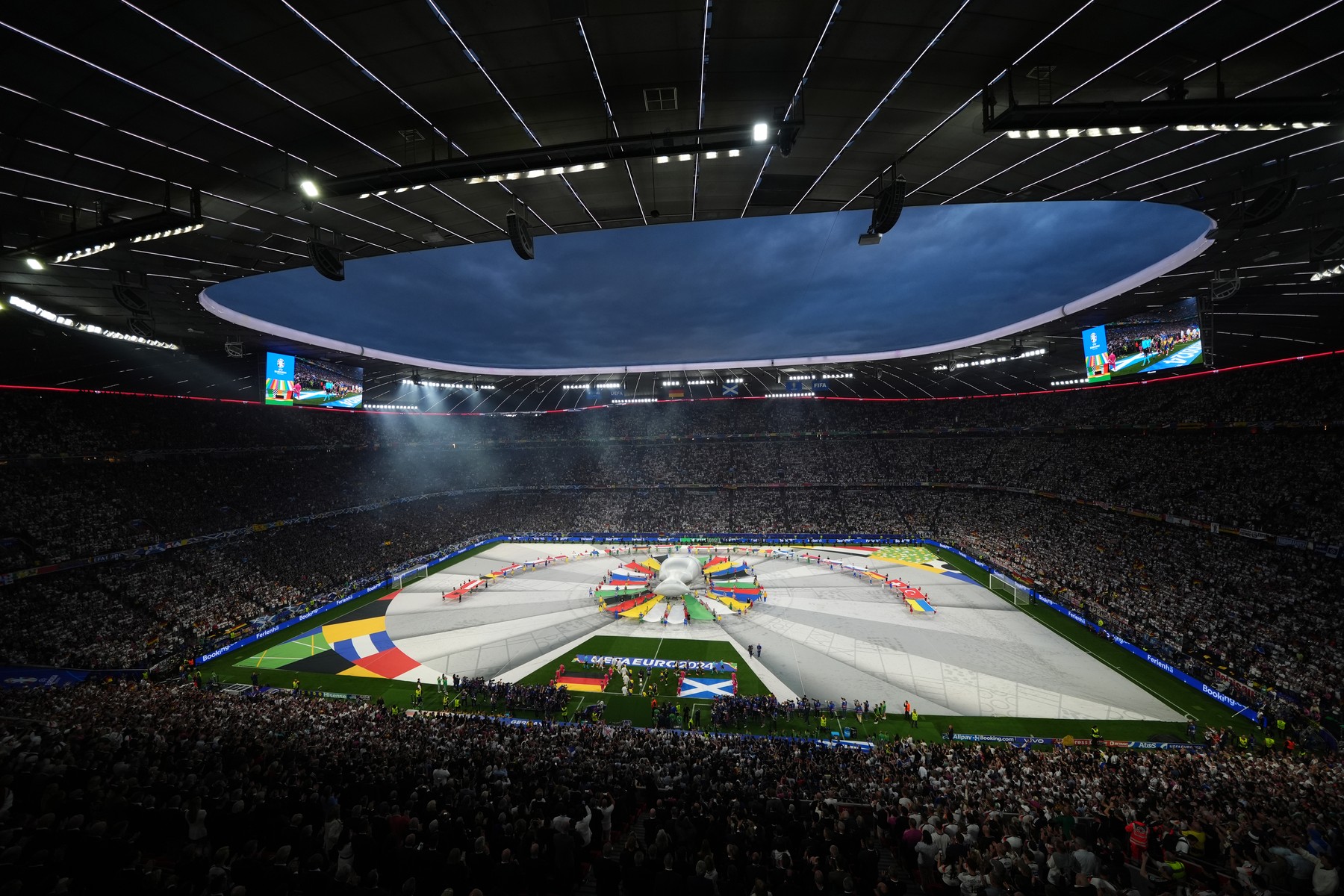 The teams stand for the national anthems following the opening ceremony before the UEFA Euro 2024 Group A match at the Munich Football Arena in Munich, Germany. Picture date: Friday June 14, 2024.,Image: 881662000, License: Rights-managed, Restrictions: Use subject to restrictions. Editorial use only, no commercial use without prior consent from rights holder., Model Release: no, Credit line: Bradley Collyer / PA Images / Profimedia