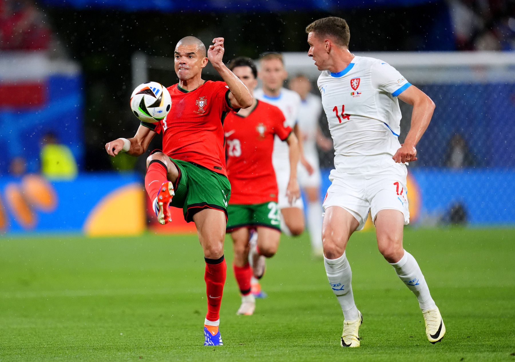 Portugal's Pepe (left) and Czech Republic's Lukas Provod battle for the ball during the UEFA Euro 2024 Group F match at Leipzig Stadium in Leipzig, Germany. Picture date: Tuesday June 18, 2024.,Image: 882738703, License: Rights-managed, Restrictions: Use subject to restrictions. Editorial use only, no commercial use without prior consent from rights holder., Model Release: no, Credit line: Adam Davy / PA Images / Profimedia
