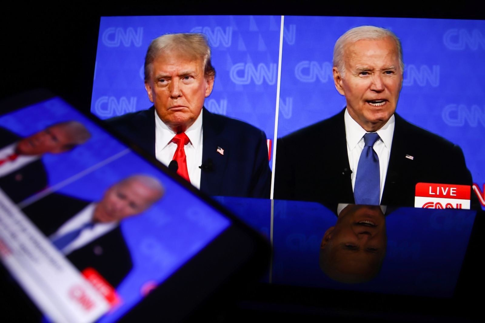 This photo taken from a screen shows the first presidential debate between US President Joe Biden and former President Donald Trump in the CNN studio in Atlanta. The first pre-election debate between current US President Joe Biden and Republican presidential candidate Donald Trump will be held on June 27 without spectators or reporters in the CNN studio in Atlanta.