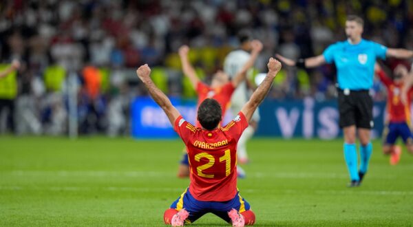 Spain's Mikel Oyarzabal celebrates after winning the final match against England at the Euro 2024