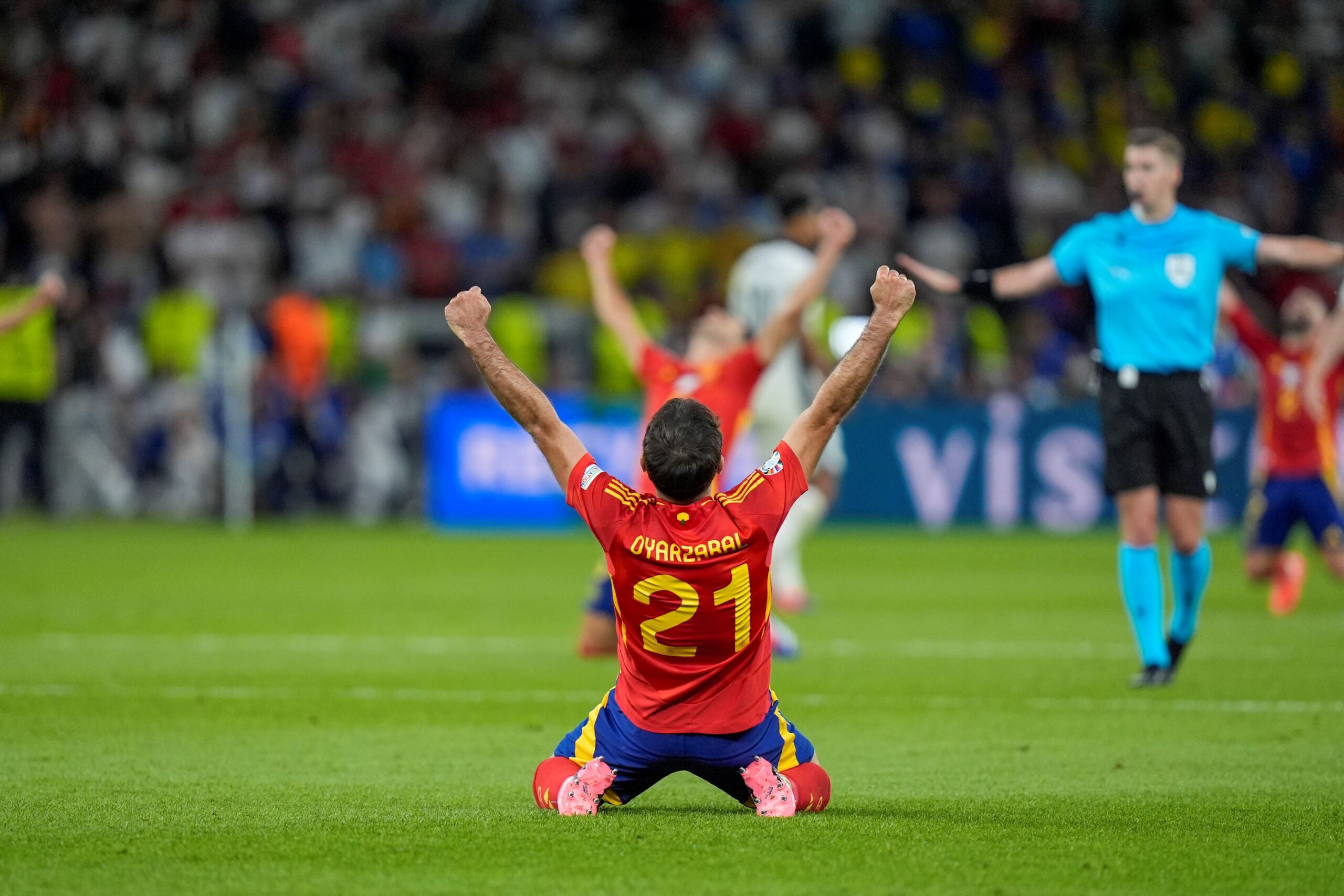 Spain's Mikel Oyarzabal celebrates after winning the final match against England at the Euro 2024