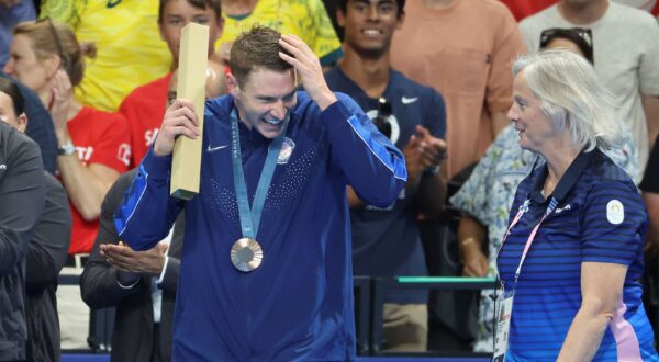 Paris, Ile de France, France: Ryan Murphy (USA) in the men's 100-meter backstroke medal ceremony during the Paris 2024 Olympic Summer Games at Paris La DÃ©fense Arena