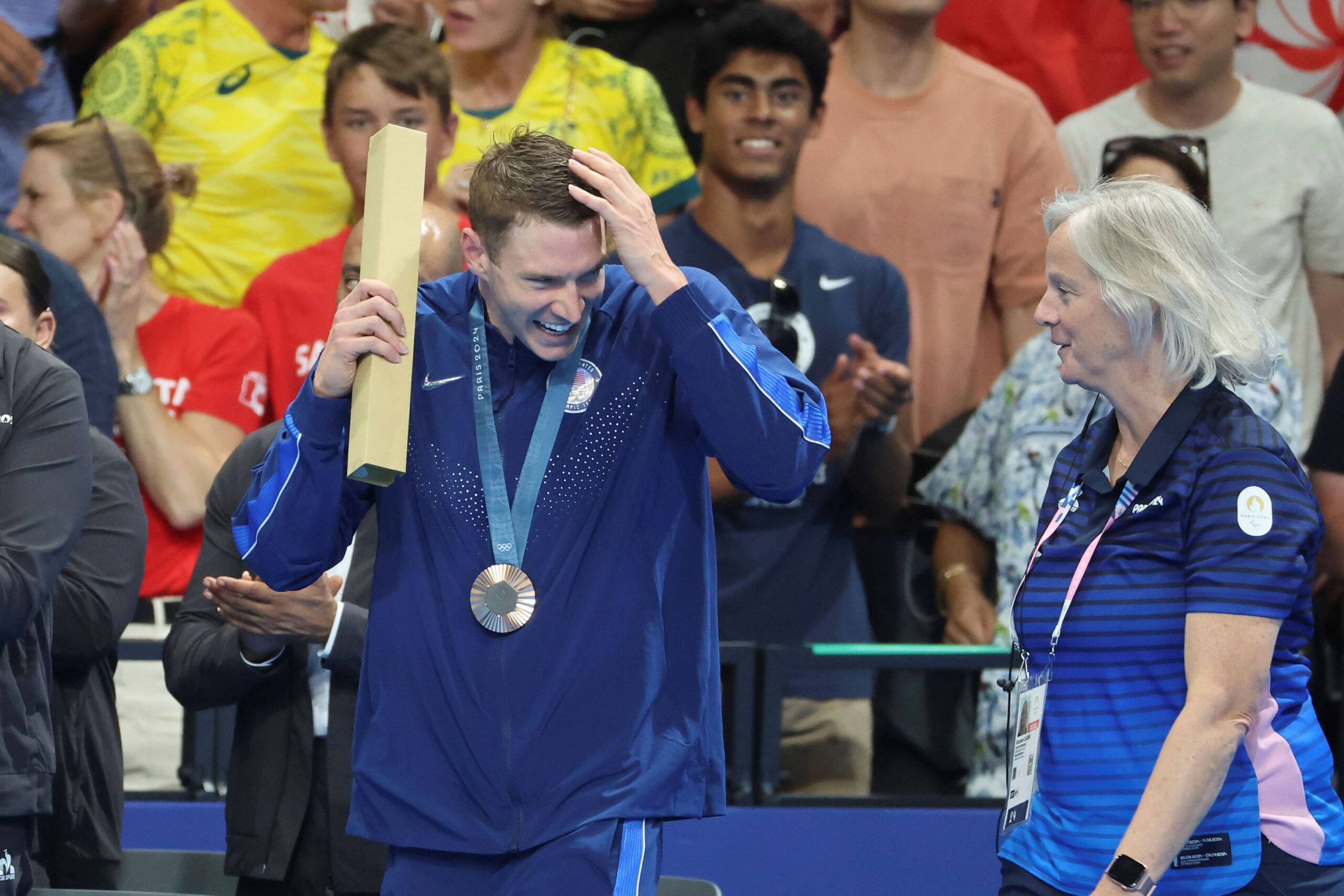 Paris, Ile de France, France: Ryan Murphy (USA) in the men's 100-meter backstroke medal ceremony during the Paris 2024 Olympic Summer Games at Paris La DÃ©fense Arena