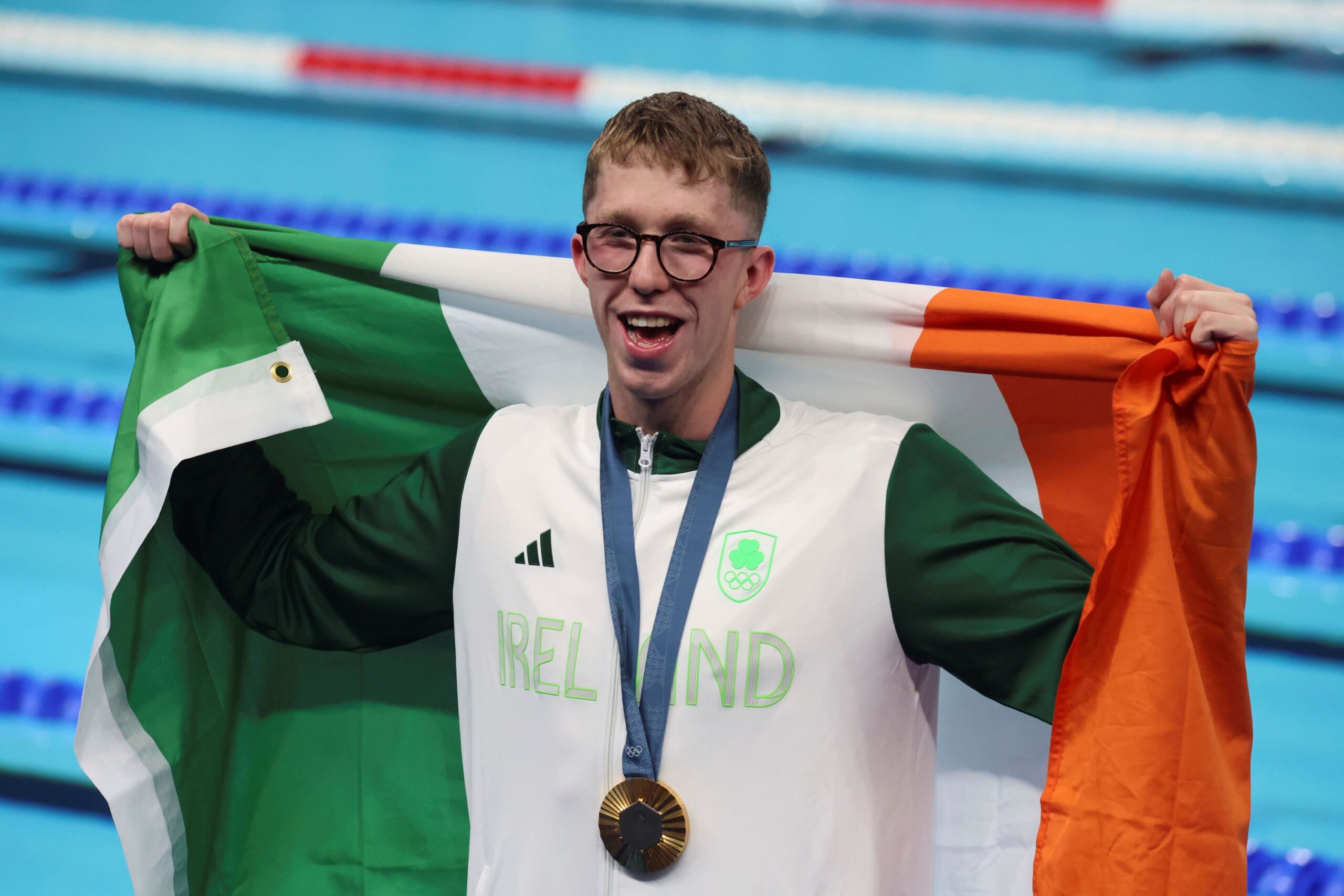 Paris, Ile de France, France: Daniel Wiffen (Ireland) in the men's 800-meter freestyle medal ceremony during the Paris 2024 Olympic Summer Games at Paris La DÃ©fense Arena. 