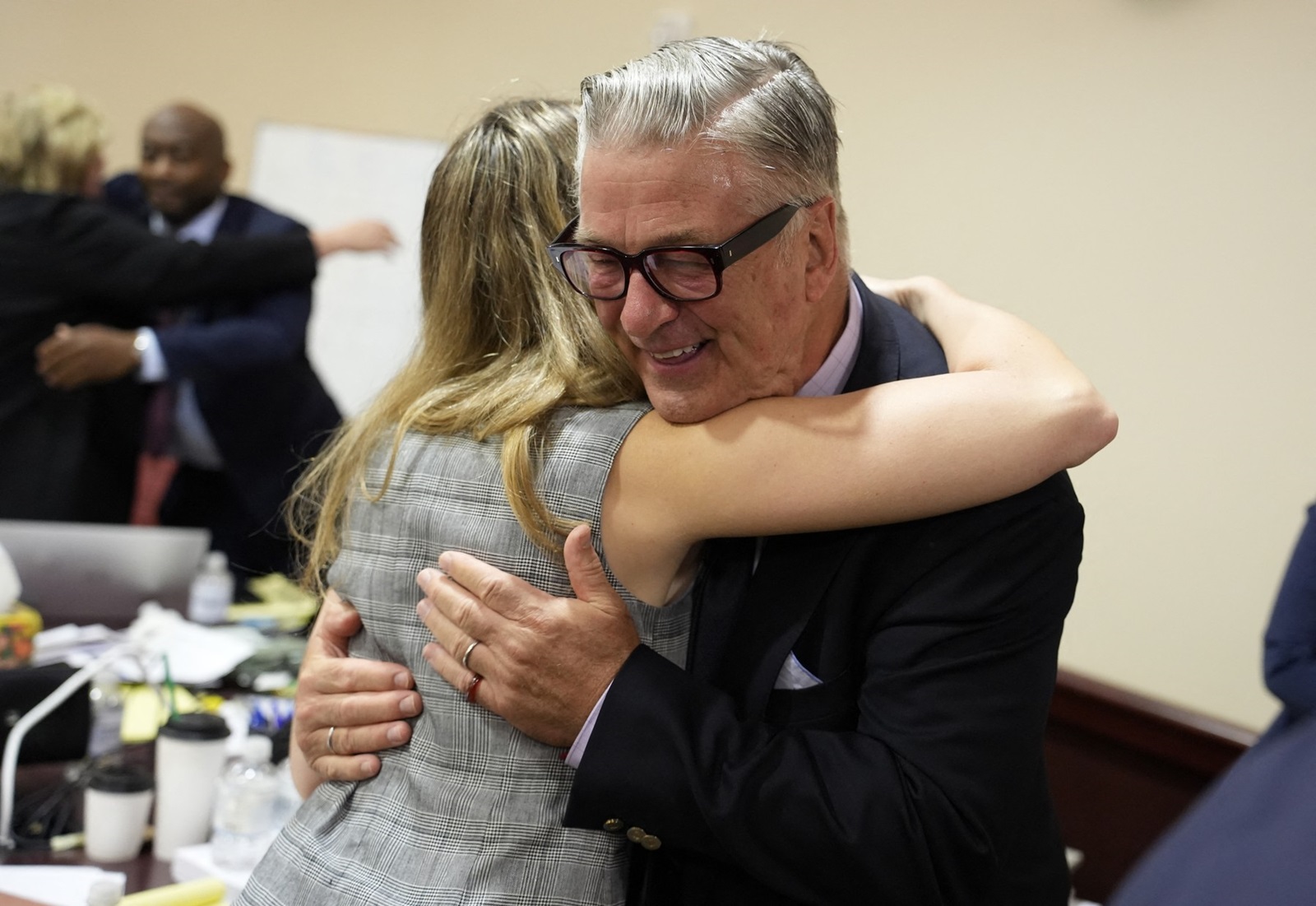 US actor Alec Baldwin hugs a member of his legal team at the conclucion of his trial on involuntary manslaughter at Santa Fe County District Court in Santa Fe, New Mexico, on July 12, 2024.  Baldwin's trial for involuntary manslaughter was dismissed by a judge Friday after she ruled that key evidence over a fatal shooting on the set of "Rust" had been withheld from the defense.,Image: 889366427, License: Rights-managed, Restrictions: , Model Release: no, Credit line: RAMSAY DE GIVE / AFP / Profimedia