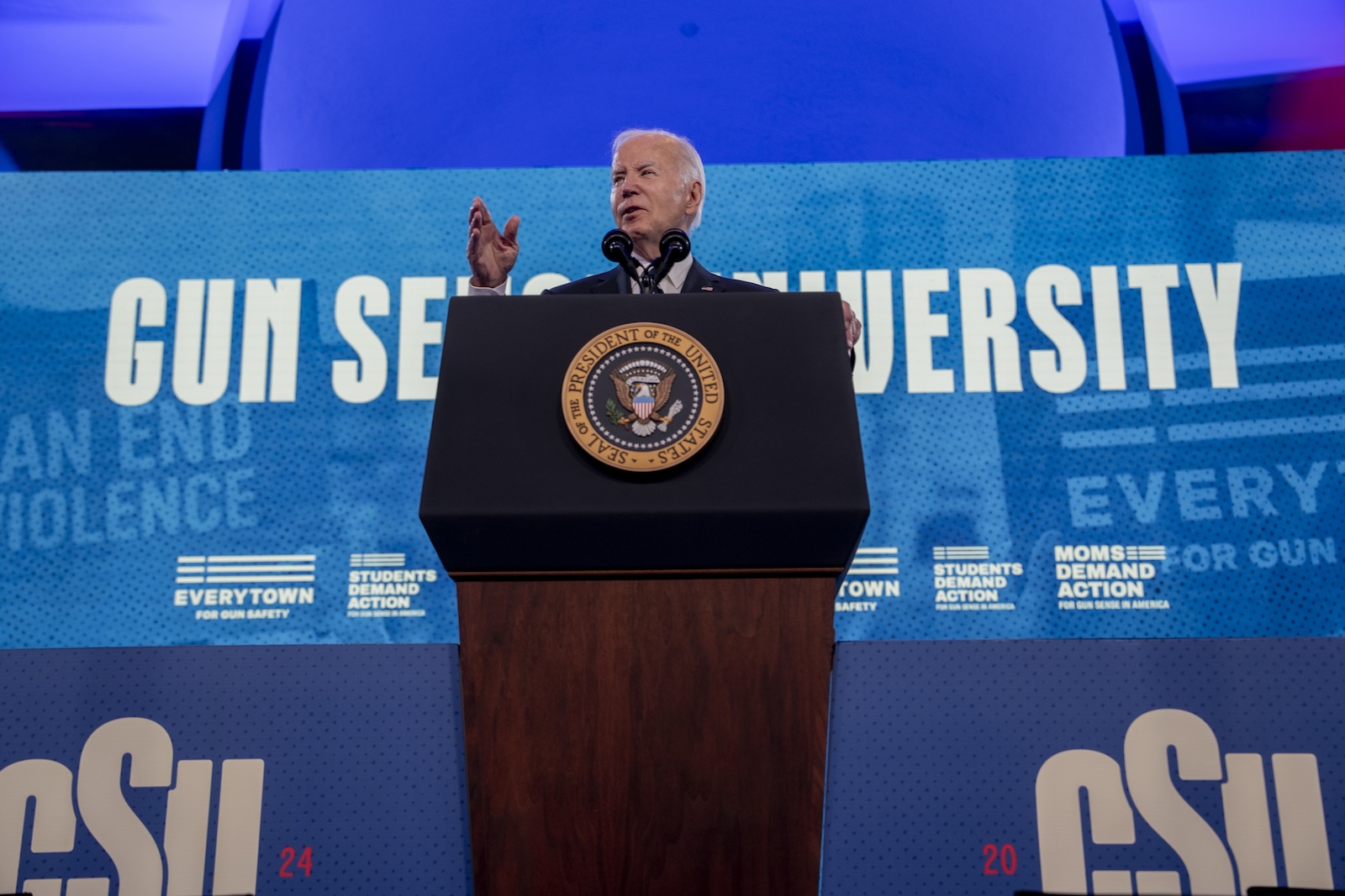 epa11404704 U.S. President Joe Biden delivers remarks at Everytown for Gun Safety Action Fund's annual 'Gun Sense University' conference in Washington, DC, USA, 11 June 2024.  EPA/KEN CEDENO / POOL