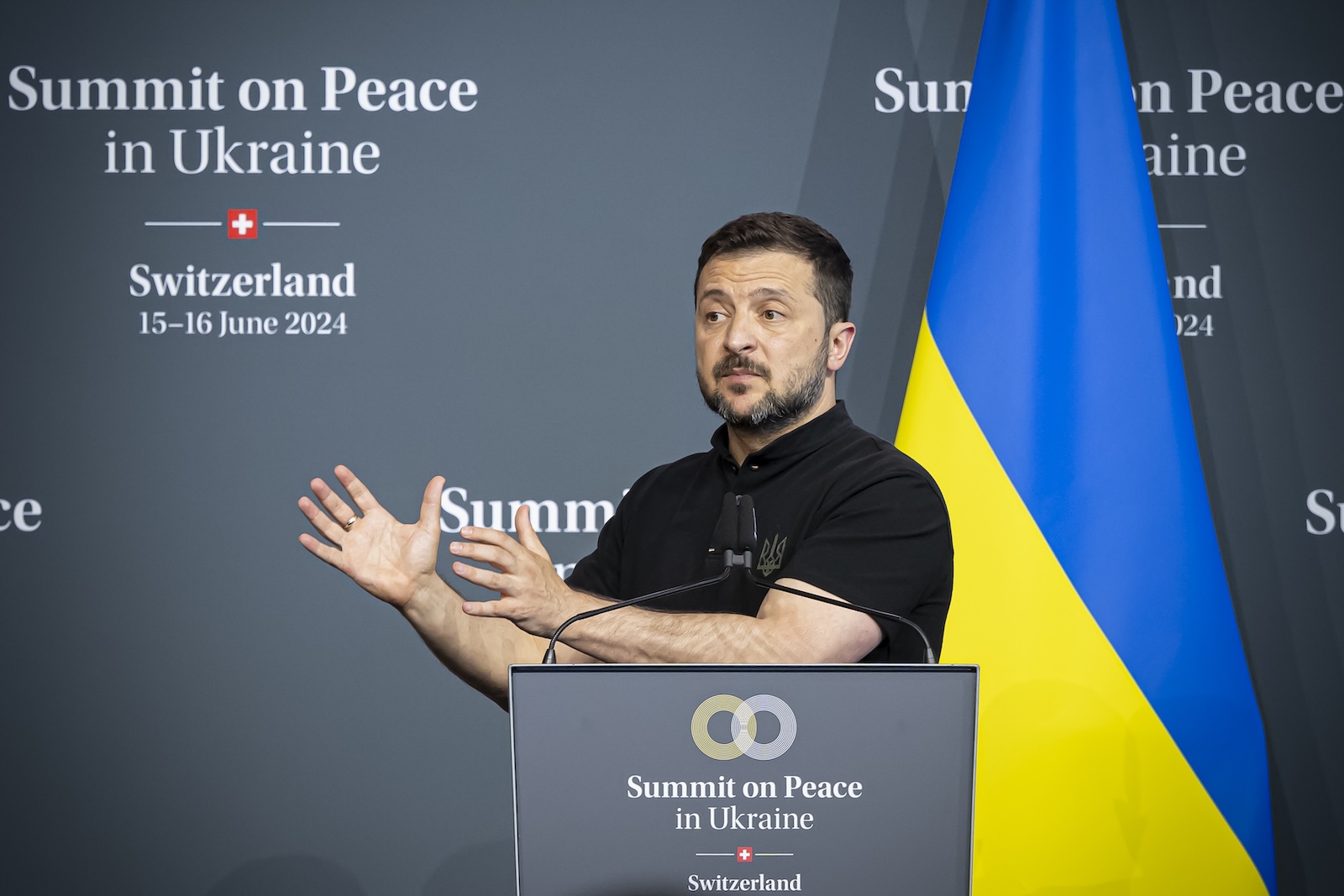 epa11415336 President Volodymyr Zelensky of Ukraine  speaks during the Ukrainian closing press conference at the Summit on Peace in Ukraine in Stansstad near Lucerne, Switzerland, 16 June 2024. International heads of state gathered on 15 and 16 June at the Buergenstock Resort in central Switzerland for the two-day Summit on Peace in Ukraine.  EPA/URS FLUEELER / POOL                                                  EDITORIAL USE ONLY  EDITORIAL USE ONLY
