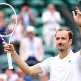 epa11449918 Daniil Medvedev of Russia celebrates after winning the Men's 1st round match against Aleksandar Kovacevic of the USA at the Wimbledon Championships, Wimbledon, Britain, 01 July 2024.  EPA/ADAM VAUGHAN   EDITORIAL USE ONLY