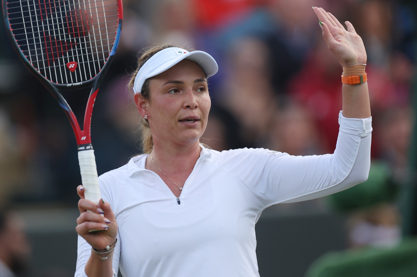 epa11465610 Donna Vekic of Croatia celebrates winning her Women's Singles fourth round match against Paula Badosa of Spain at the Wimbledon Championships, Wimbledon, Britain, 07 July 2024.  EPA/NEIL HALL  EDITORIAL USE ONLY