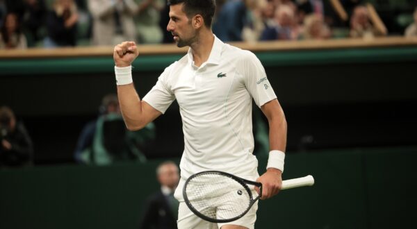 epa11467447 Novak Djokovic of Serbia celebrates after winning against Holger Rune of Denmark (unseen) during their round of 16 match at the Wimbledon Championships, Wimbledon, Britain, 08 July 2024.  EPA/TIM IRELAND  EDITORIAL USE ONLY