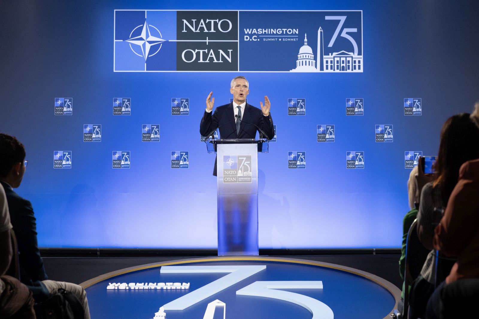 epa11471610 NATO Secretary General Jens Stoltenberg holds a news conference during the NATO Summit at Walter E. Washington Convention Center in Washington, DC, USA, 10 July 2024. The 75th Anniversary NATO Summit is taking place in Washington, DC, from 09 to 11 July 2024.  EPA/MICHAEL REYNOLDS