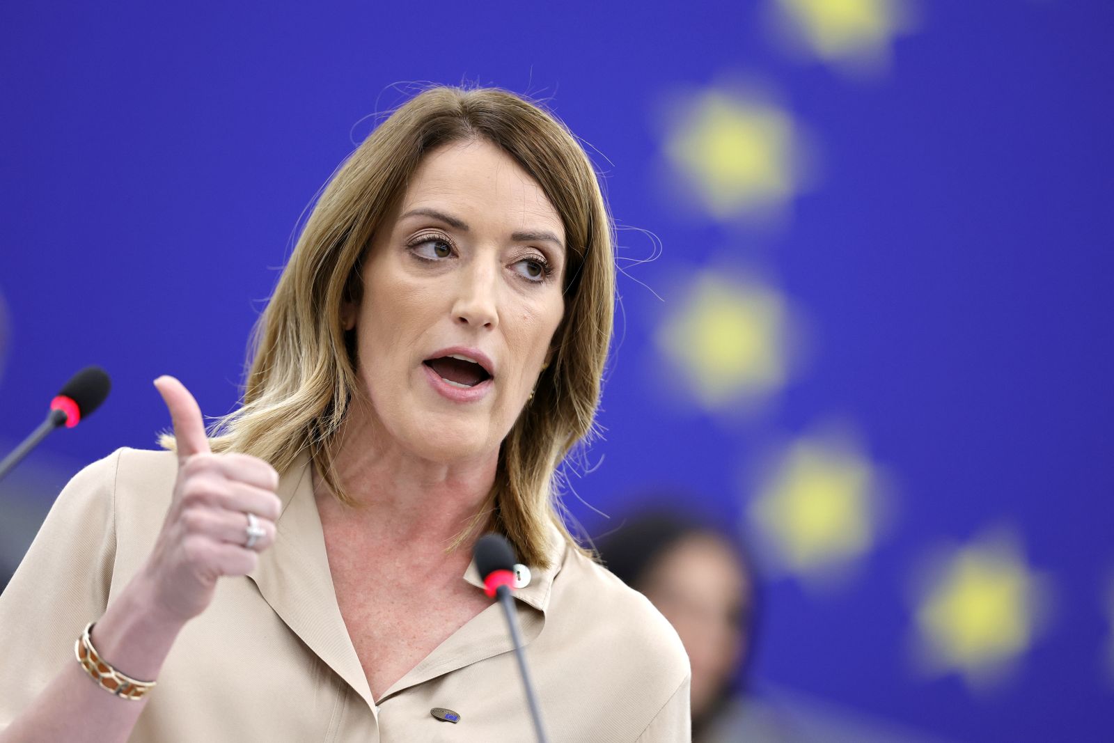 epa11480974 Incumbent European Parliament President and candidate for re-election, Roberta Metsola speaks during a plenary session of the European Parliament in Strasbourg, France, 16 July 2024. The first session of the new European Parliament opens on July 16, with MEPs due to elect their president for the next two and a half years.  EPA/RONALD WITTEK